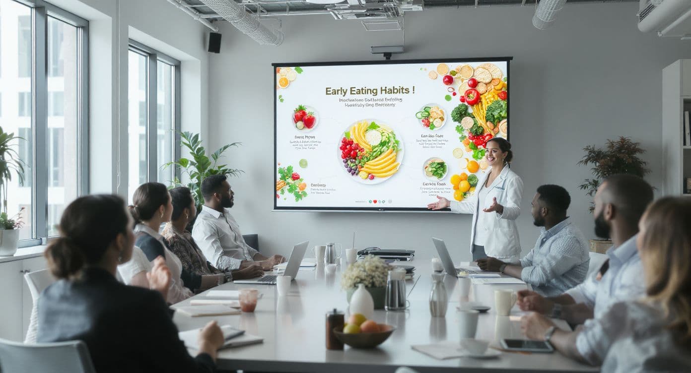 A dietitian leads a workshop on eating habits for a team.