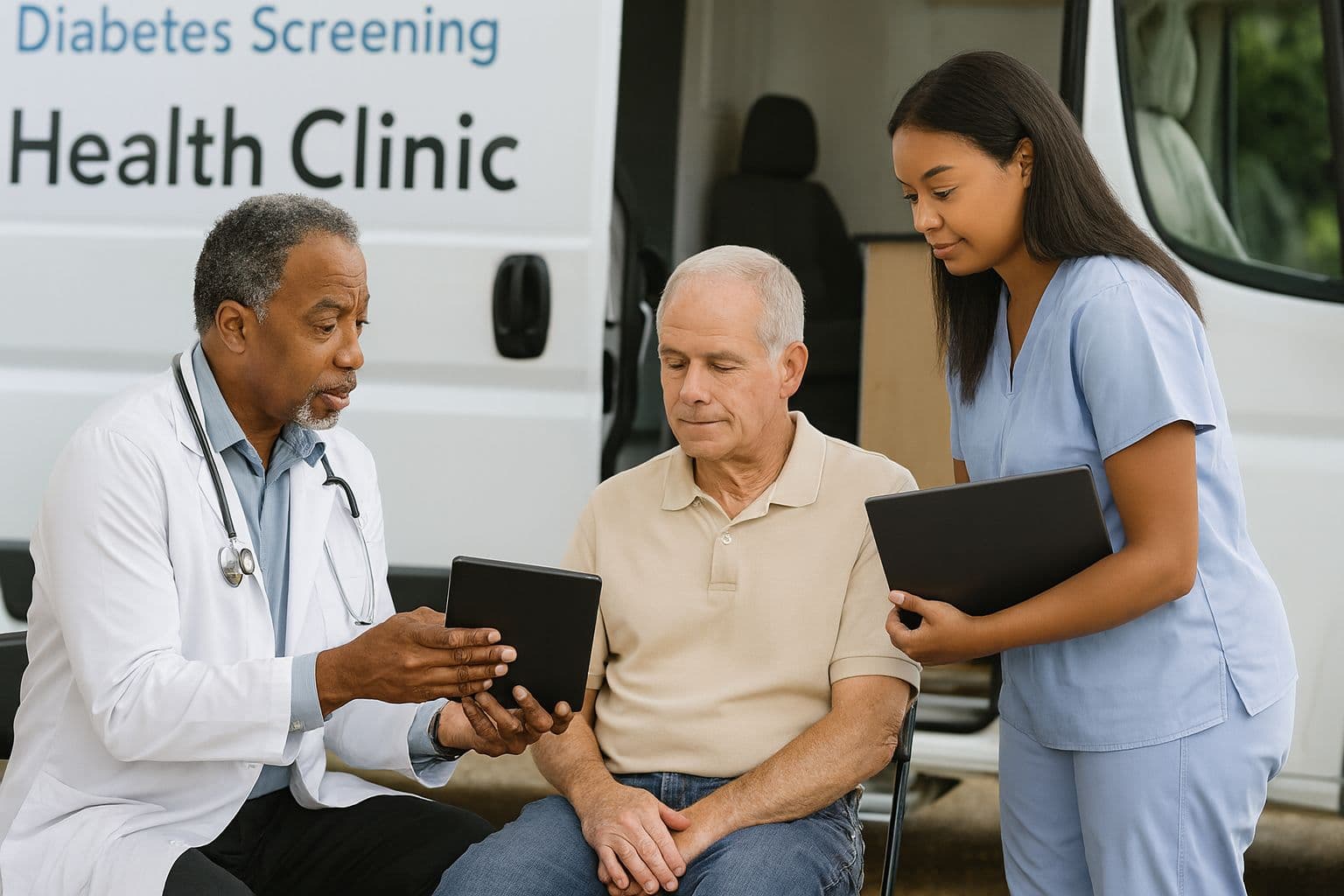 A mobile diabetes screening clinic: a doctor and a nurse with a patient.