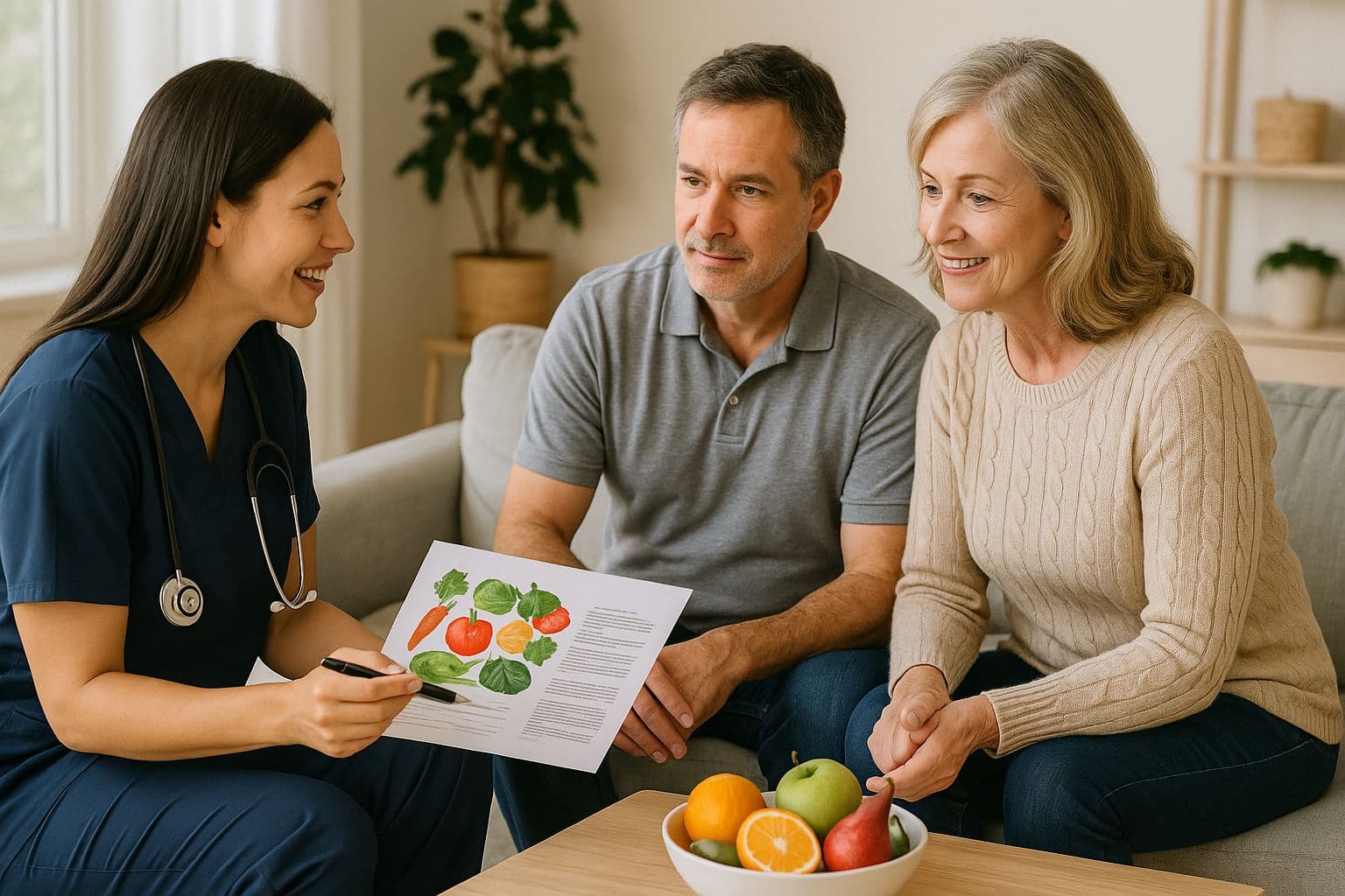 A health professional explains a meal plan to a couple at home.