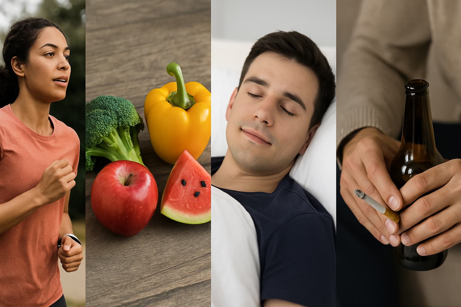 Quatre images : une femme qui court, des fruits et légumes, un homme qui dort, une main qui tient une cigarette et une bouteille.