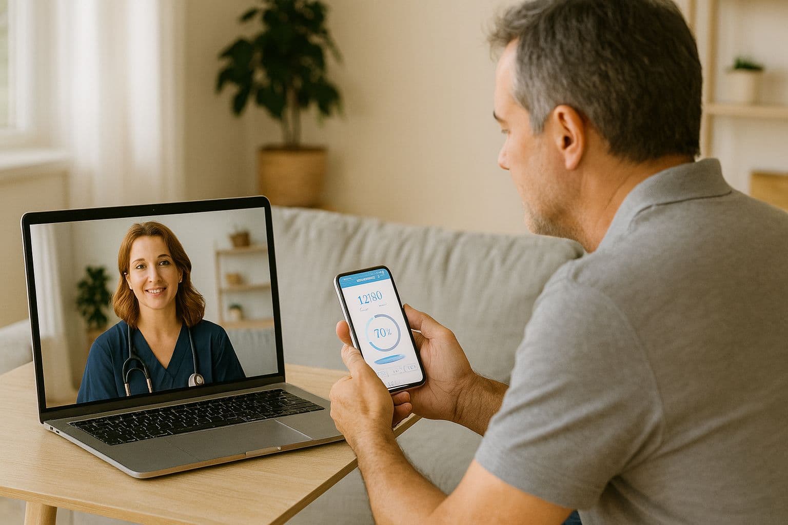 A man attends a telehealth consultation with a dietitian on his laptop.